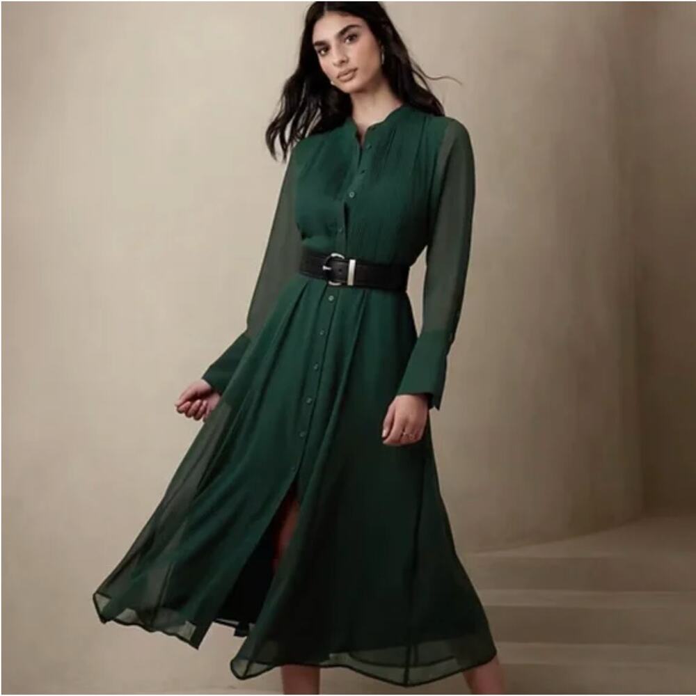 NWT Banana Republic Hunter Green Pleated Maxi Shirt Dress Sz 14